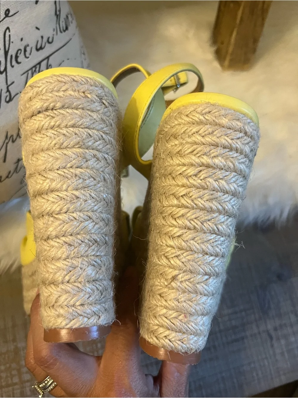 Yellow soft leather Knot Espadrille Wedge Sandals with Ankle Strap - Women